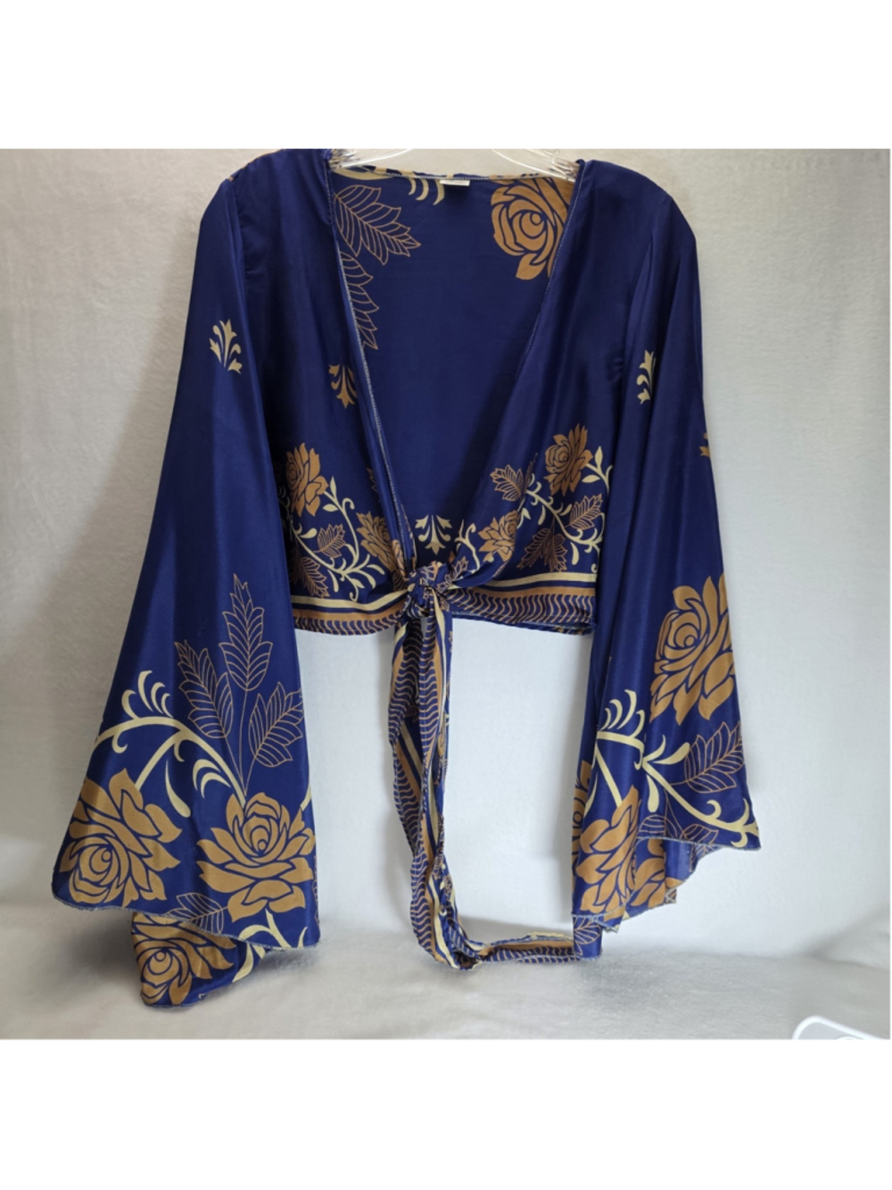 Festival Fairy Crop Top Womens Silk Blend Wrap Boho Blue Bell Sleeve